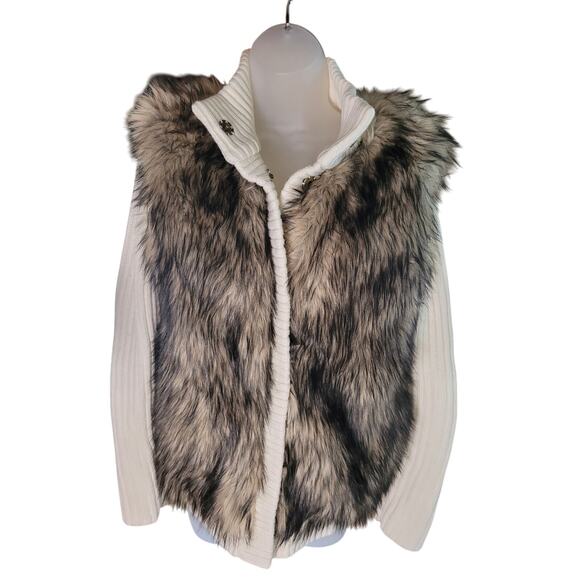 Michael Kors Women Cream/Brown Faux Fur Sweater/Jacket Button Up  Sz M - Picture 1 of 7